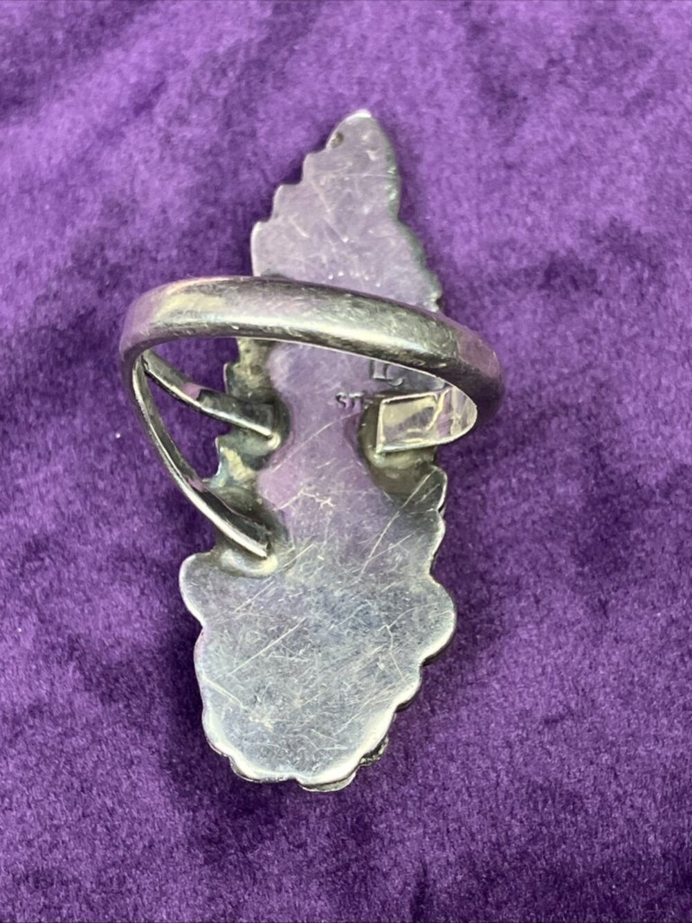 Sz 7 3/4 Signed LC Sterling Navajo Lozenge Feather Floral Ring Vintage - Picture 3 of 6